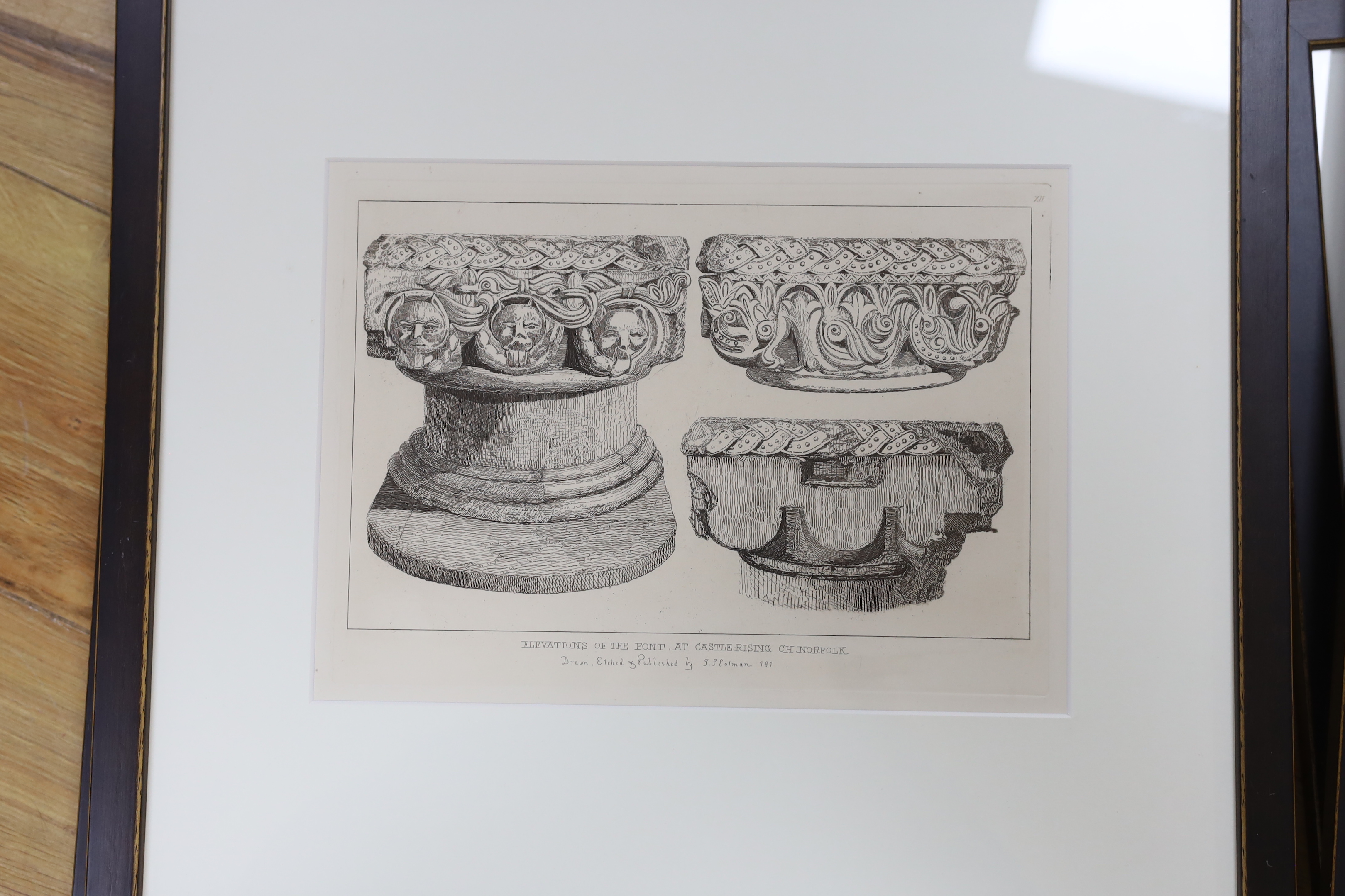 John Sell Cotman (1782-1842), six etchings including, ‘Font in Hunstanton Church’, ‘Hautbois Font Norfolk’ and ‘Font at Calthorpe’, largest 28 x 22cm